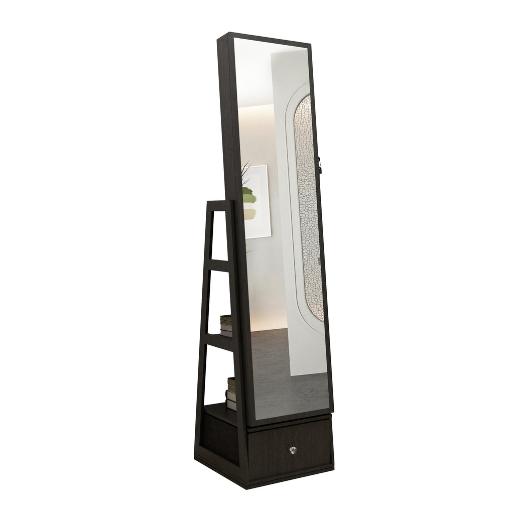 360°Swivel Jewelry Cabinet with Full Length Mirror, 360°Rotating Standing Jewelry Armoire Organizer, Lockable Storage Cabinet, Interior Lighted Mirror and Storage Drawers, Black - Grand Goldman Shop