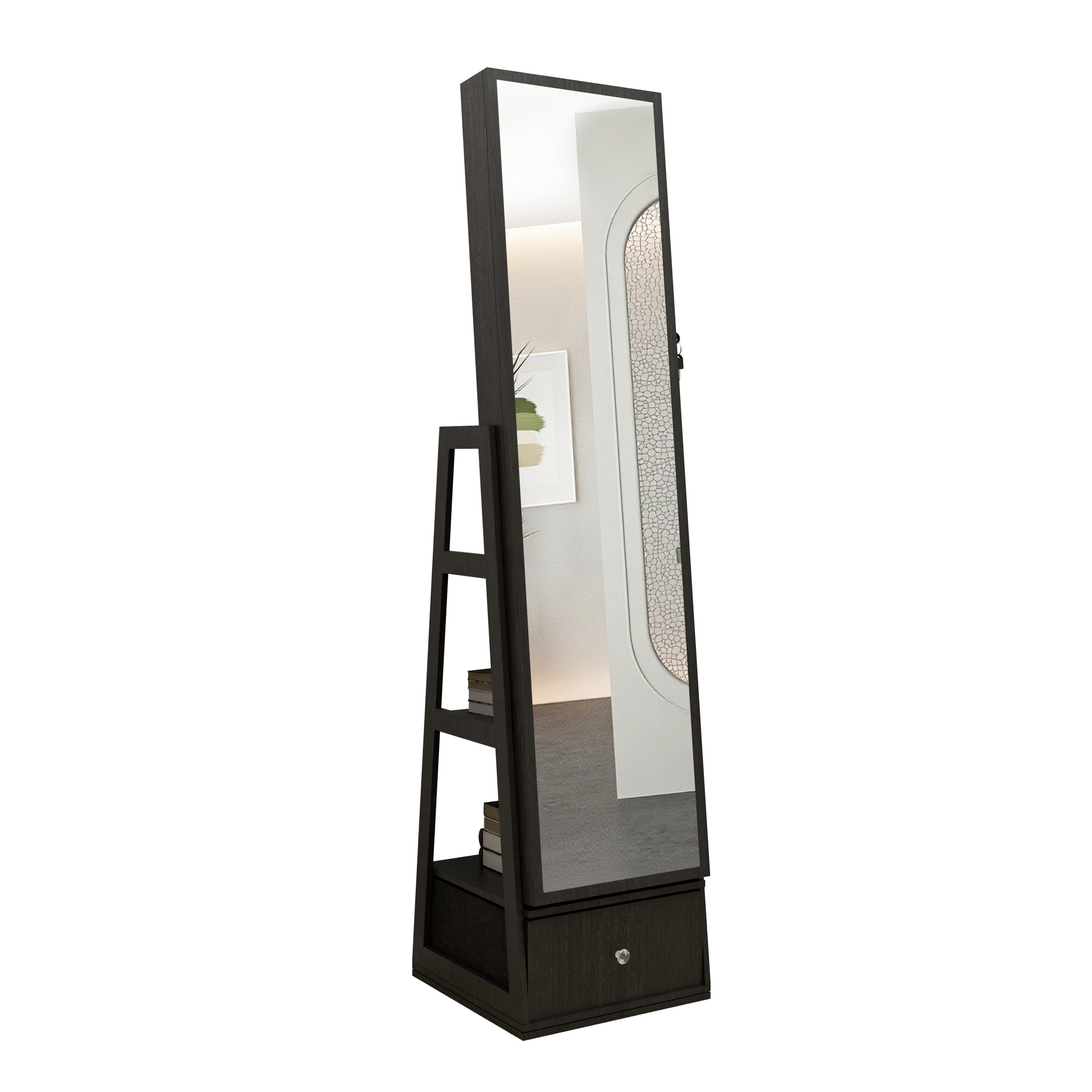 360°Swivel Jewelry Cabinet with Full Length Mirror, 360°Rotating Standing Jewelry Armoire Organizer, Lockable Storage Cabinet, Interior Lighted Mirror and Storage Drawers, Black - Grand Goldman Shop