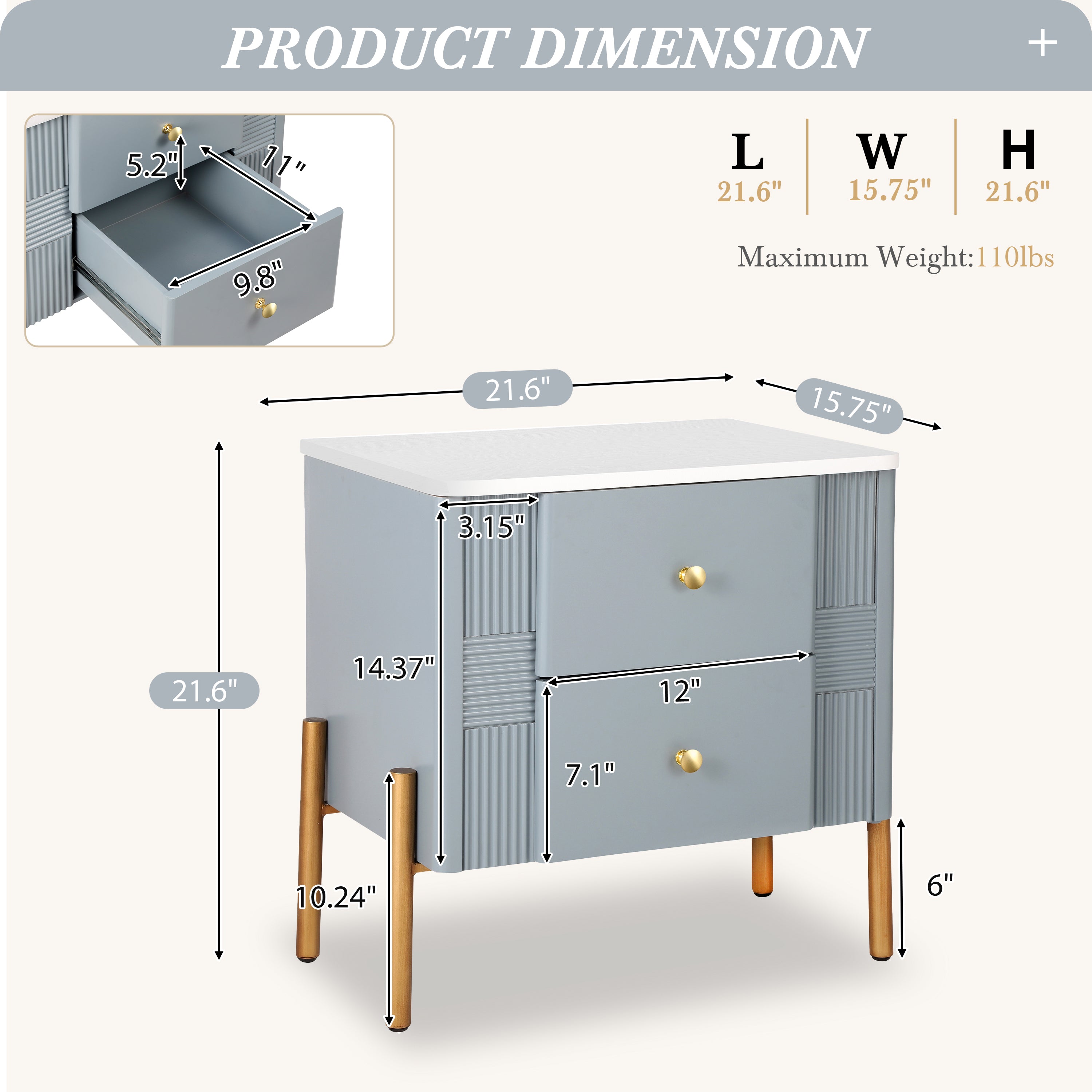 Modern Nightstand with 2 Storage Drawer, Fluted Bedside Table with Golden Metal Handles and Legs, End Table for Living Room and Bedroom, Easy Assembly, Blue - Grand Goldman Shop