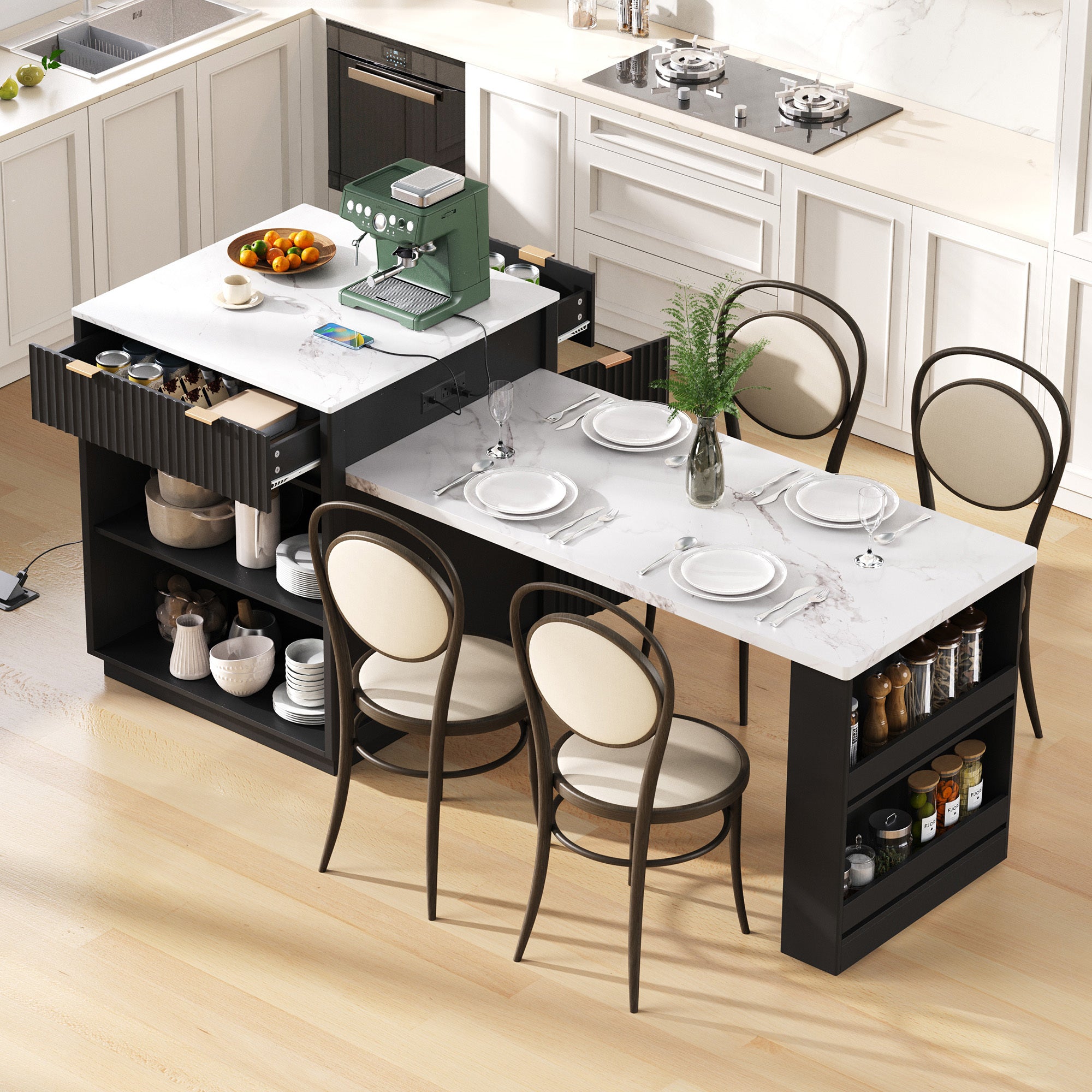 K&K 82.6' Fluted Kitchen Island with Extendable Dining Table for 4-6, Island Table for Kitchen with Power Outlet, Kitchen Table with Double-Side Storage, 2 Drawers 2 Side Open Shelves, Black - Grand Goldman Shop