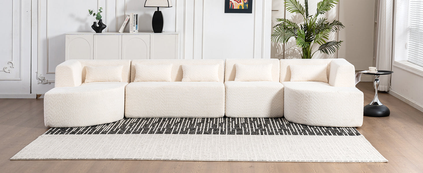 Modern Upholstered L-Shape Sofa with Chaise Lounge and Back Pillows, Beige Boucle Fabric, 144 inches - Grand Goldman Shop