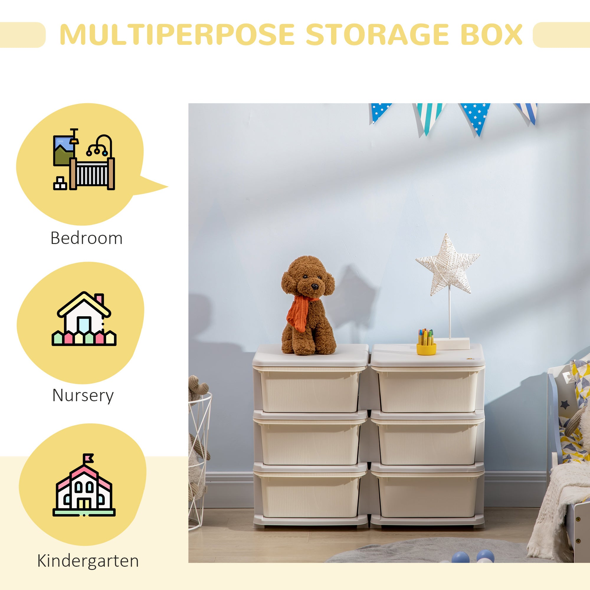 Qaba 3 Tier Kids Storage Unit, 6 Drawer Chest Toy Organizer Plastic Bins for Kids Bedroom Nursery Kindergarten Living Room fo