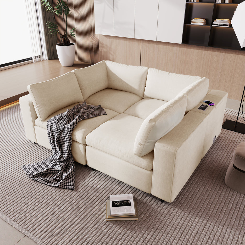 U-style Upholstered Modular Sofa with  with Storage Space, USB Charge Ports,Wireless Charging and Built-in Bluetooth Speaker in Arm,Sectional sofa for Living Room Apartment.[old sku:WY000317AAA] - Grand Goldman Shop
