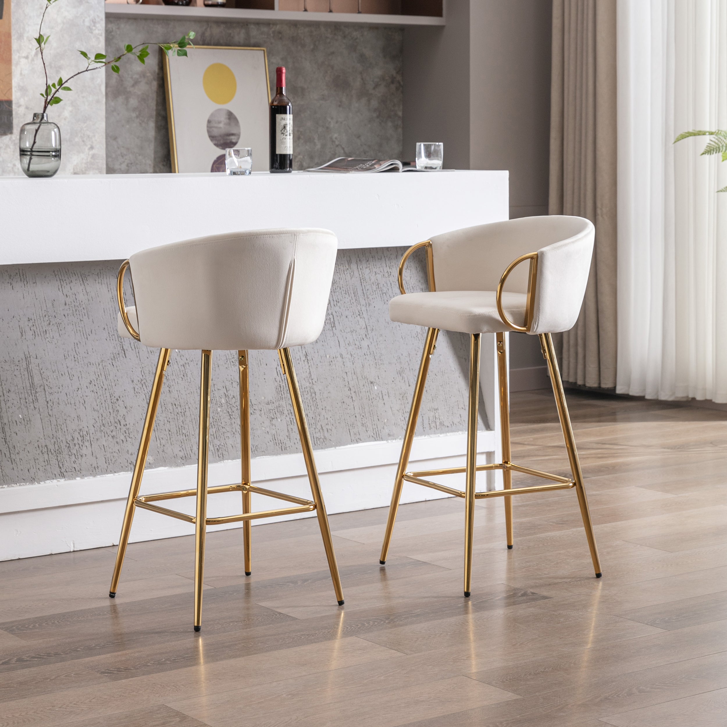 26 Inch Set of 2 Bar Stools,with Chrome Footrest and Base Velvet + Golden Leg Simple Bar Stoo,CREAM - Grand Goldman Shop