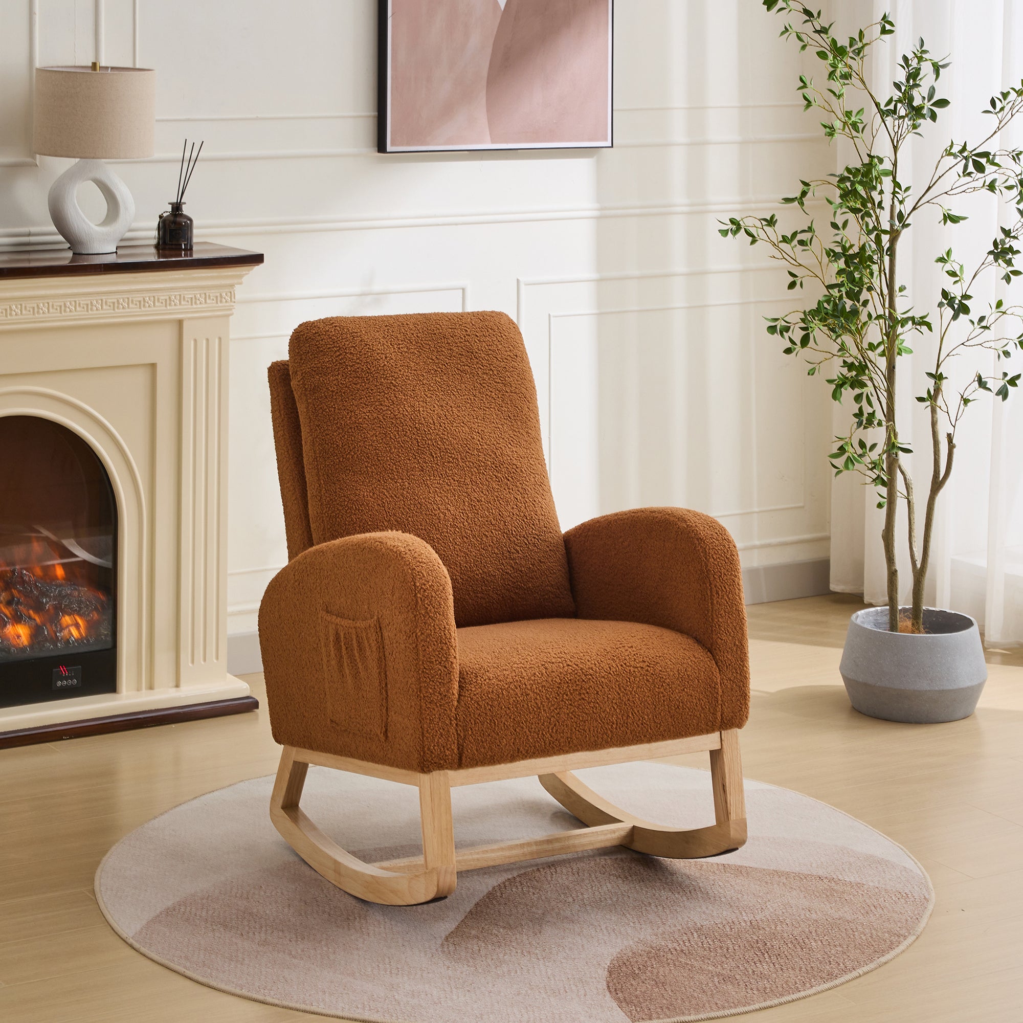 27.2'W Rocking Chair for Nursery, Sherpa Glider Chair with High Back and Side Pocket, Rocking Accent Armchair with Rubber Wood Legs for Living Room/Bedroom.Caramel - Grand Goldman Shop