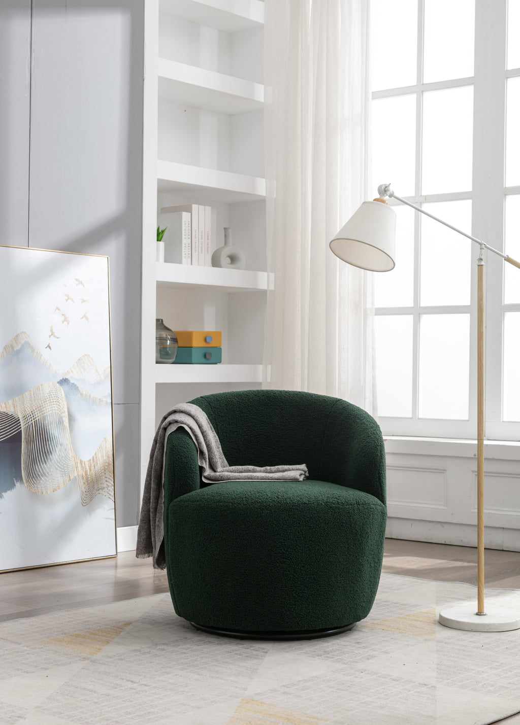Teddy Fabric Swivel Accent Armchair Barrel Chair With Black Powder Coating Metal Ring,Dark Green - Grand Goldman Shop