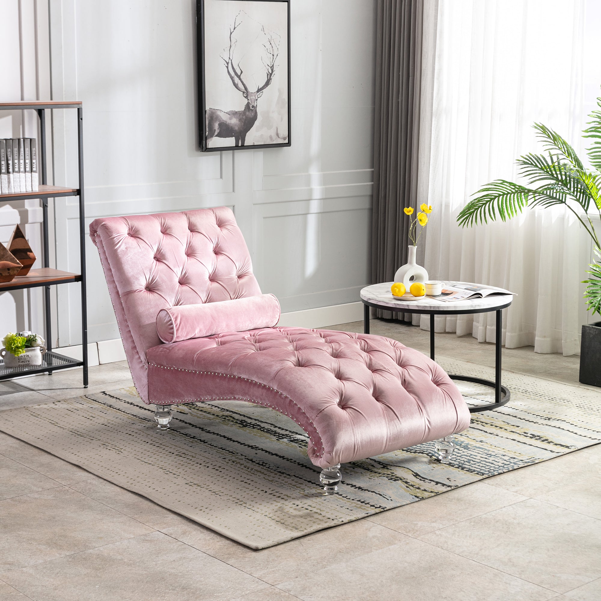 Velvet Chaise Lounge Indoor, Button-Tufted Upholstered Chaise Lounge Chair with Pillow in Pink Velvet, Comfortable Seating for Bedroom Living Room Office - Grand Goldman Shop