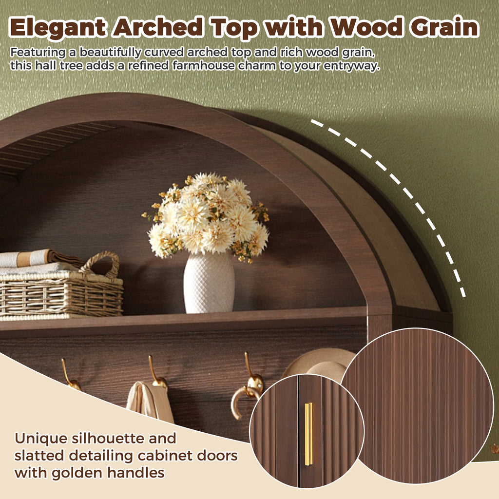 Farmhouse Fabric Arched Top Hall Tree with 5 Metal Hooks, All-in-One Mudroom Furniture with Adjustable Shelves, Mid-Century Fluted Door Entryway Bench with Wood Grain Finish for Hallway, Walnut - Grand Goldman Shop