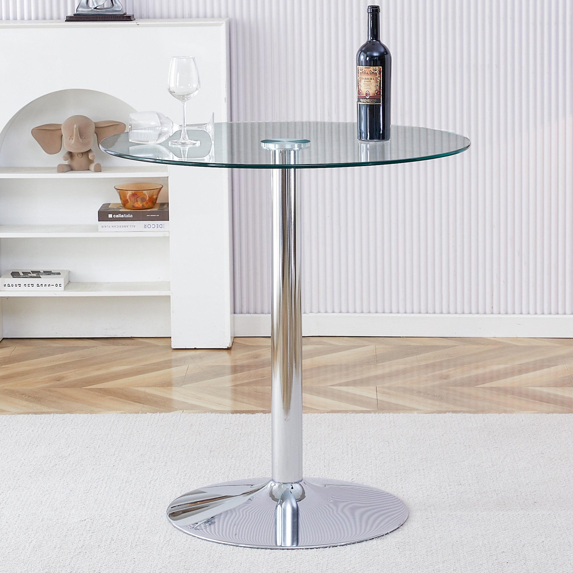 Modern Minimalist Circular Glass Dining Table with Electroplated Silver Metal Legs, 35-Inch Diameter - Grand Goldman Shop