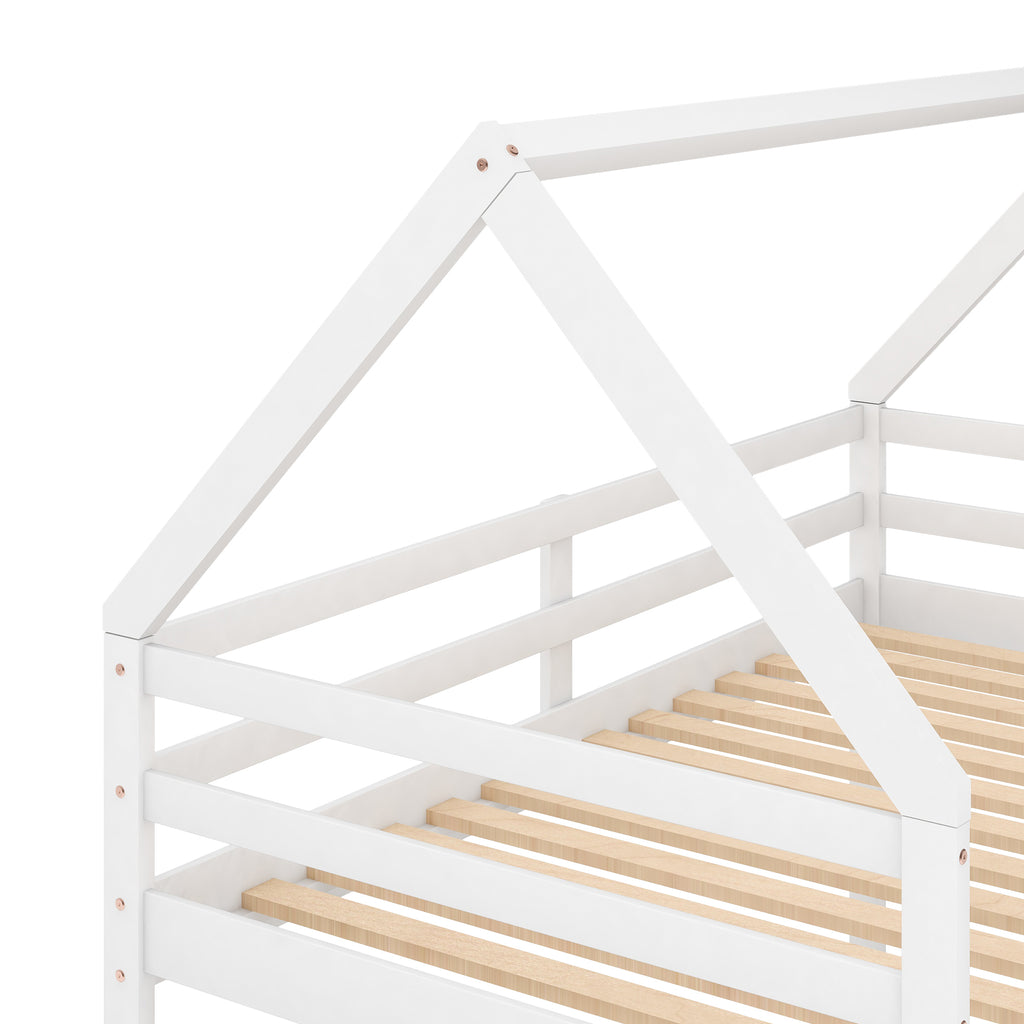 Twin over Twin Low Bunk Bed with Ladder, White - Grand Goldman Shop