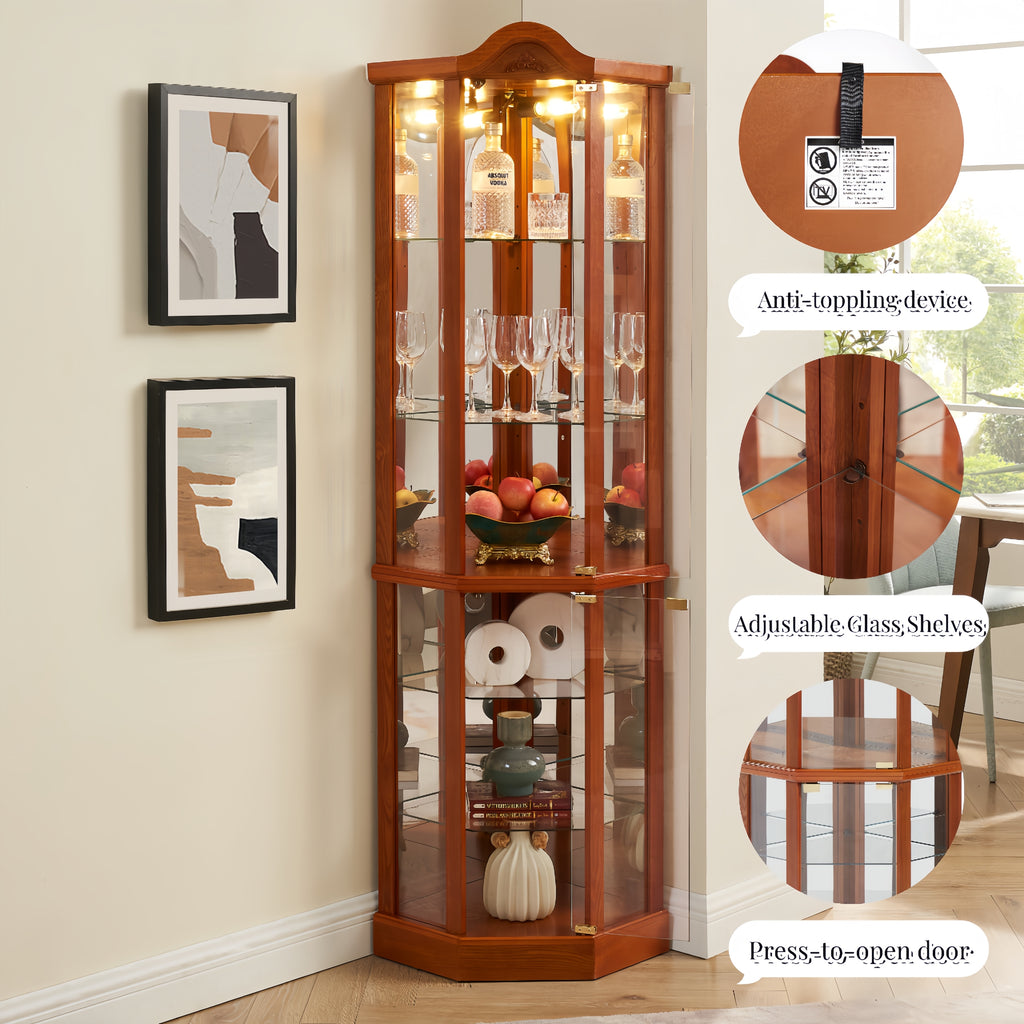 Glass Cabinet Lighted Corner Cabinet Corner Display Curio Cabinet, Glass Display With Light(Included)Bar Cabinet,Wine Cabinet with Adjustable Glass Shelves Carved Decoration OAK Light(Included) - Grand Goldman Shop