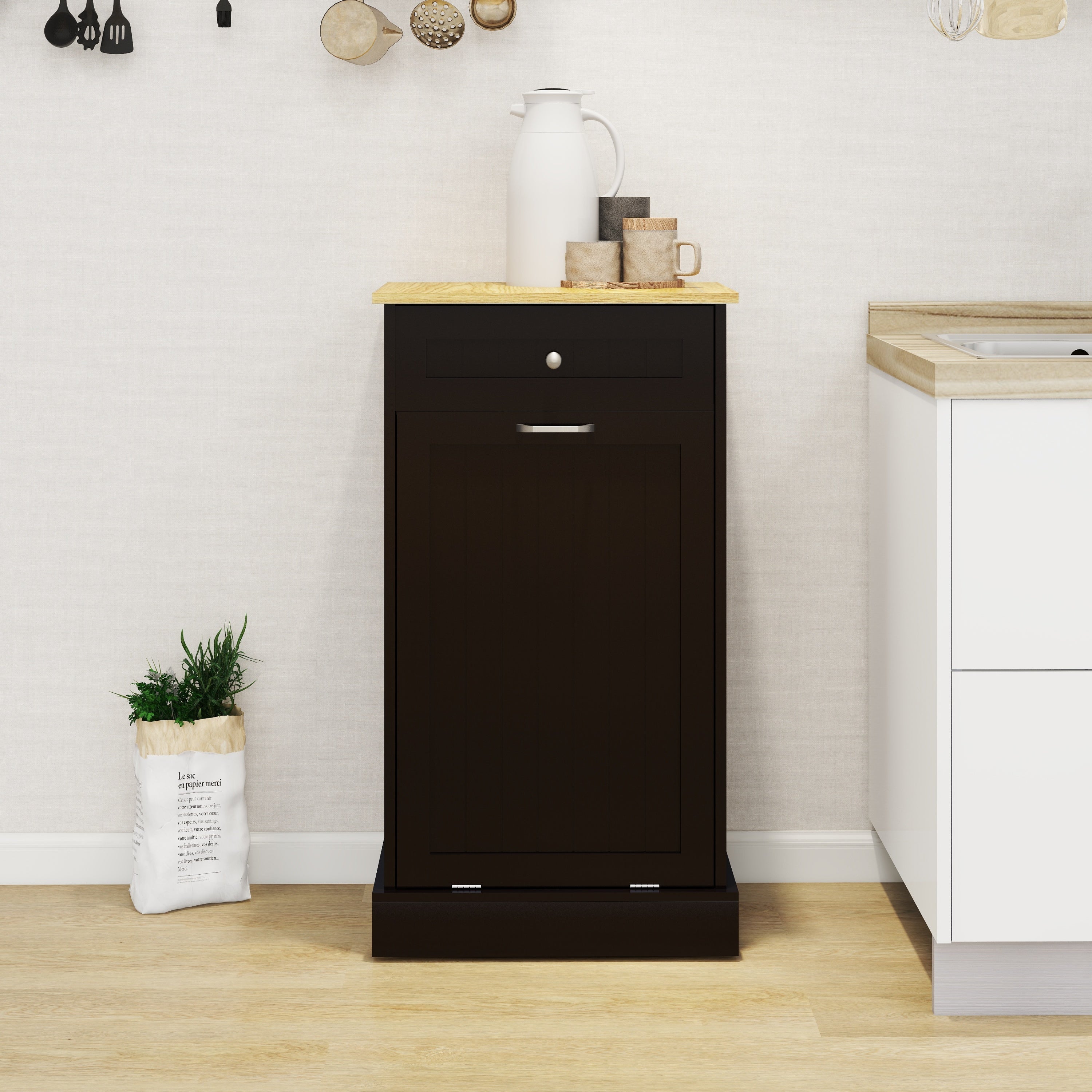 One Drawers and One-Compartment Tilt-Out Trash Cabinet Kitchen Trash Cabinet-Black - Grand Goldman Shop