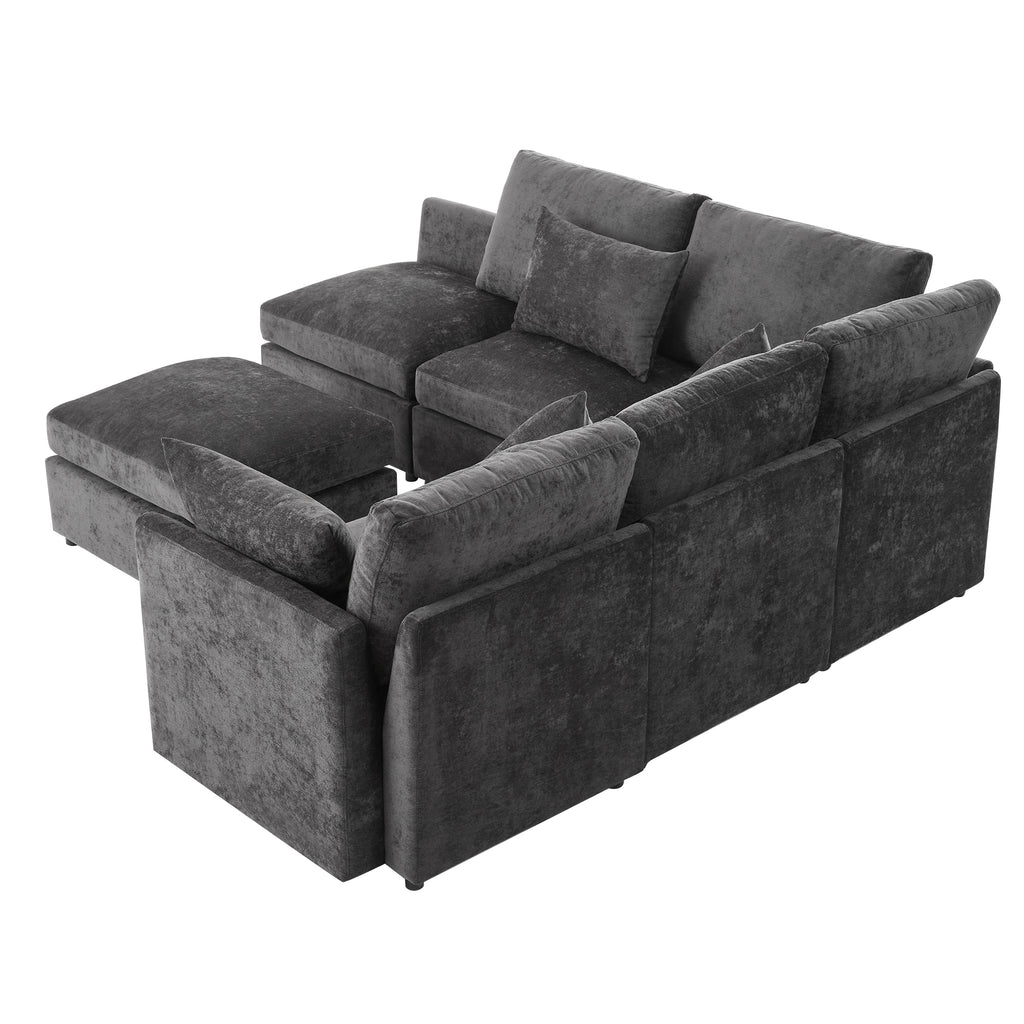 Stylish Modular U-Shaped Sectional Sofa with USB Ports, Black Chenille, 86.6' - Grand Goldman Shop