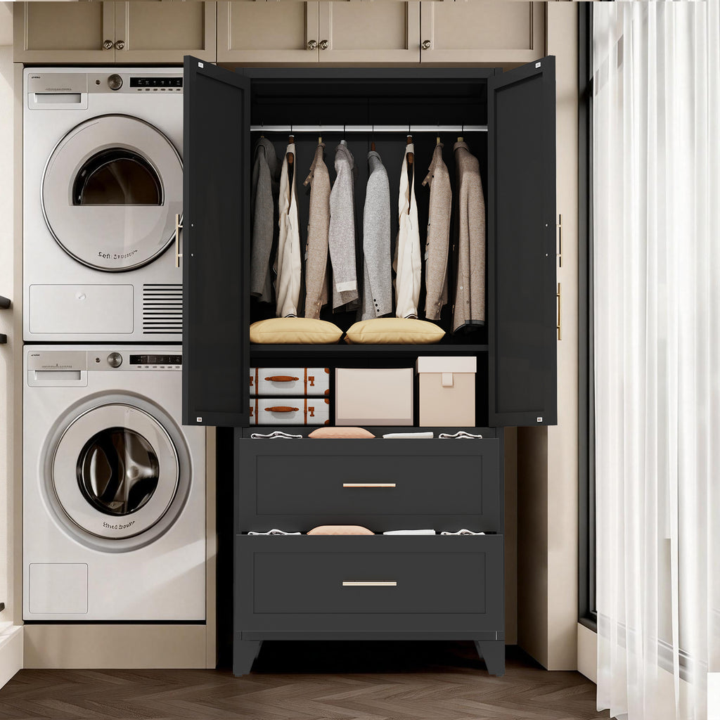 71' Tall Metal Wardrobe Cabinet with 2 Drawers and Hanging Rod, 2 Doors Wardrobe Closet with Shelf for Bedroom, Office, Laundry Room,Entryway ,Foyer,Guesthouse (Black) - Grand Goldman Shop