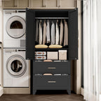 71' Tall Metal Wardrobe Cabinet with 2 Drawers and Hanging Rod, 2 Doors Wardrobe Closet with Shelf for Bedroom, Office, Laundry Room,Entryway ,Foyer,Guesthouse (Black) - Grand Goldman Shop