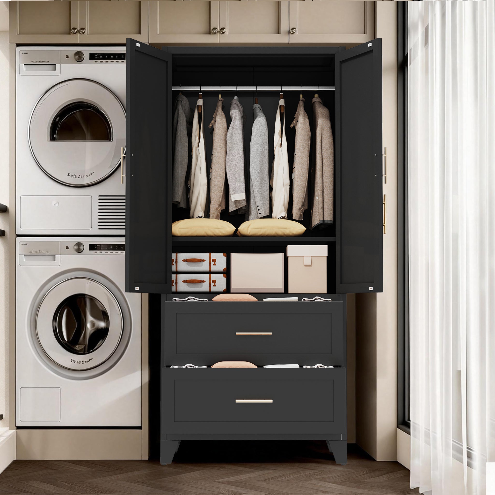71' Tall Metal Wardrobe Cabinet with 2 Drawers and Hanging Rod, 2 Doors Wardrobe Closet with Shelf for Bedroom, Office, Laundry Room,Entryway ,Foyer,Guesthouse (Black) - Grand Goldman Shop