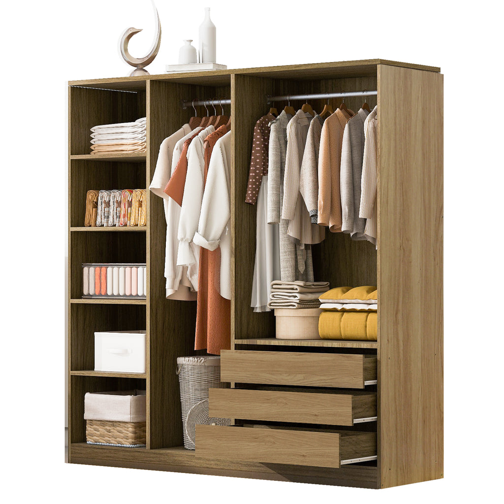 Doorless Wooden Storage Wardrobe for Dedroom with Shelves and 3 Drawers,Nature - Grand Goldman Shop