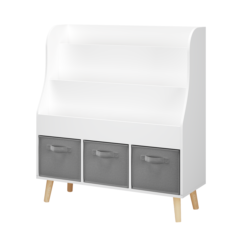 Kids Bookshelf with 3 Fabric Storage Bins, White Wooden Book Display Organizer for Toddlers and Children, Front-Facing Book R