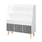 Kids Bookshelf with 3 Fabric Storage Bins, White Wooden Book Display Organizer for Toddlers and Children, Front-Facing Book R