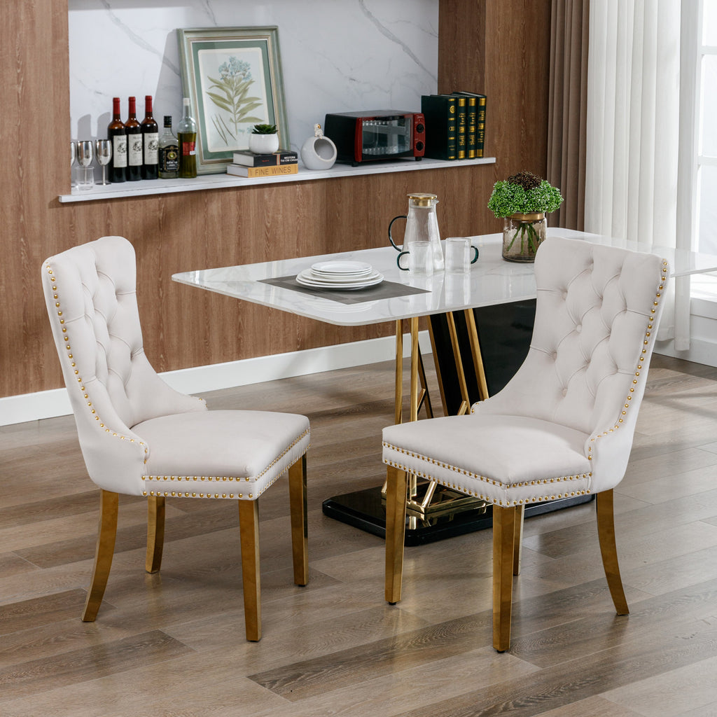 A&A Furniture,Nikki Collection Modern, High-end Tufted Solid Wood Contemporary Velvet Upholstered Dining Chair with Golden Stainless Steel Plating Legs,Nailhead Trim,Set of 2,Beige and Gold, SW1601BG - Grand Goldman Shop