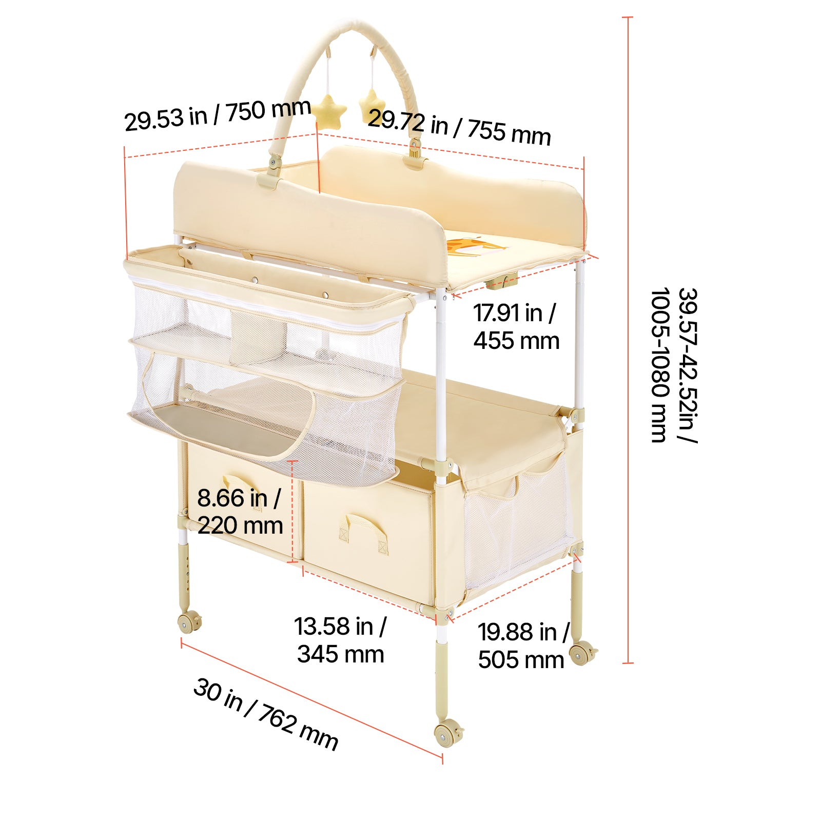 Baby Changing Table, Foldable Diaper Change Station with 2 Fabric Drawers, Side Basket & Hanging Rod, Adjustable Height Porta