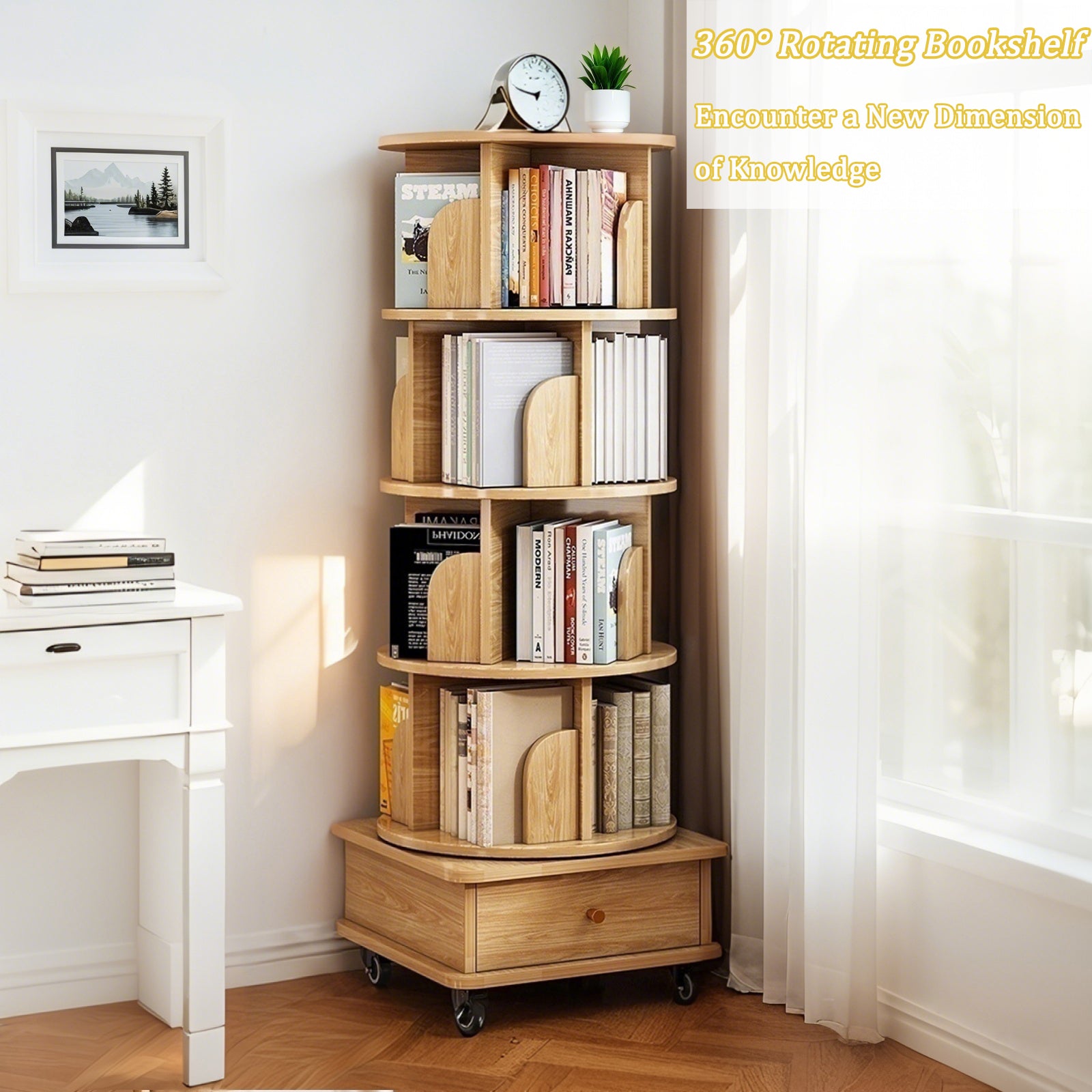 5 Tier Rotating Bookshelf, 360° Display Round Spinning Bookshelf with Wheels, Space-Saving, Small Space Rotating Bookshelf Tower for Bedroom, Living Room, Home, Office, Wood Color - Grand Goldman Shop