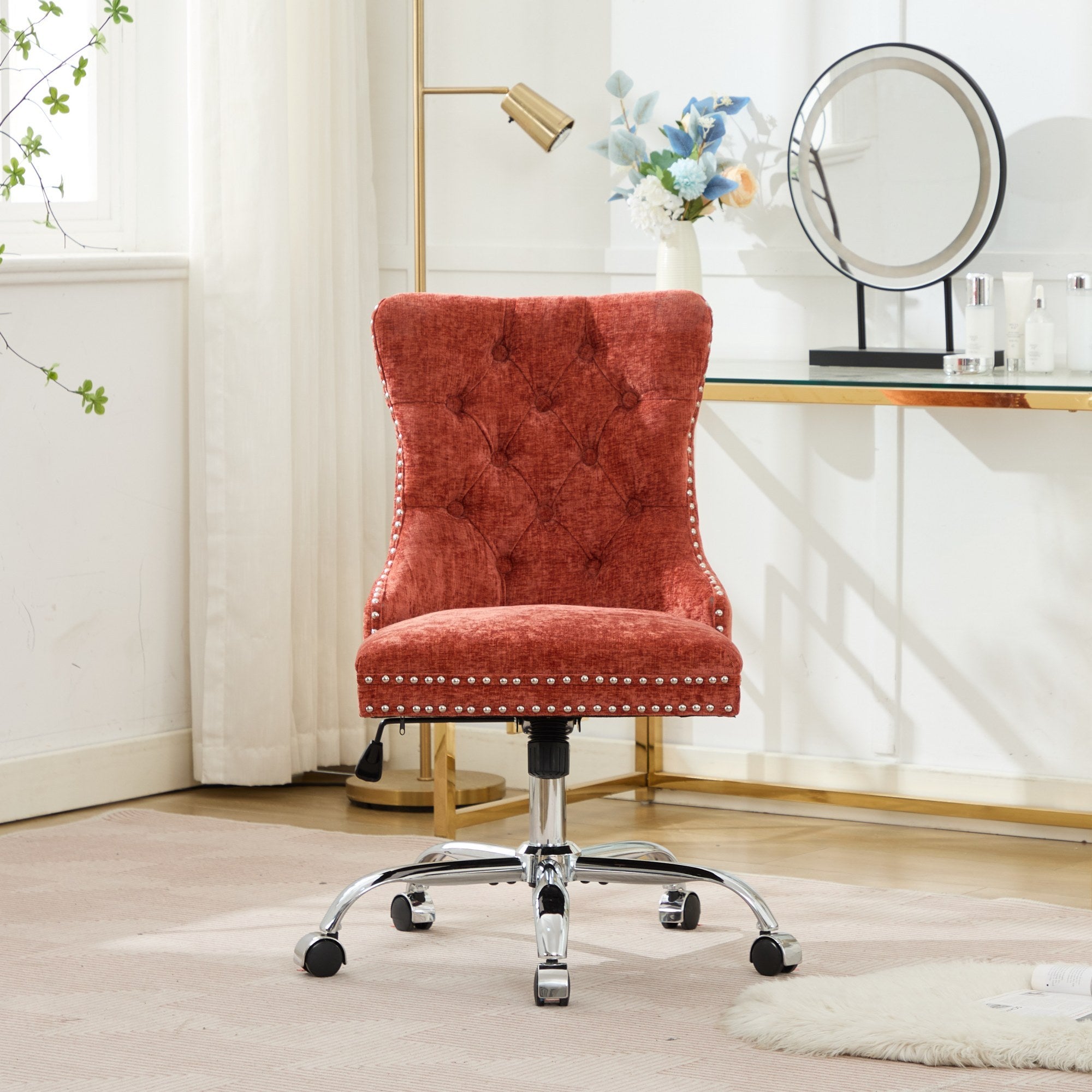 A&A Furniture Office Chair,Modern Chenille Upholstered Tufted Button Home Office Chair with Chrome Metal Base,Adjustable Desk