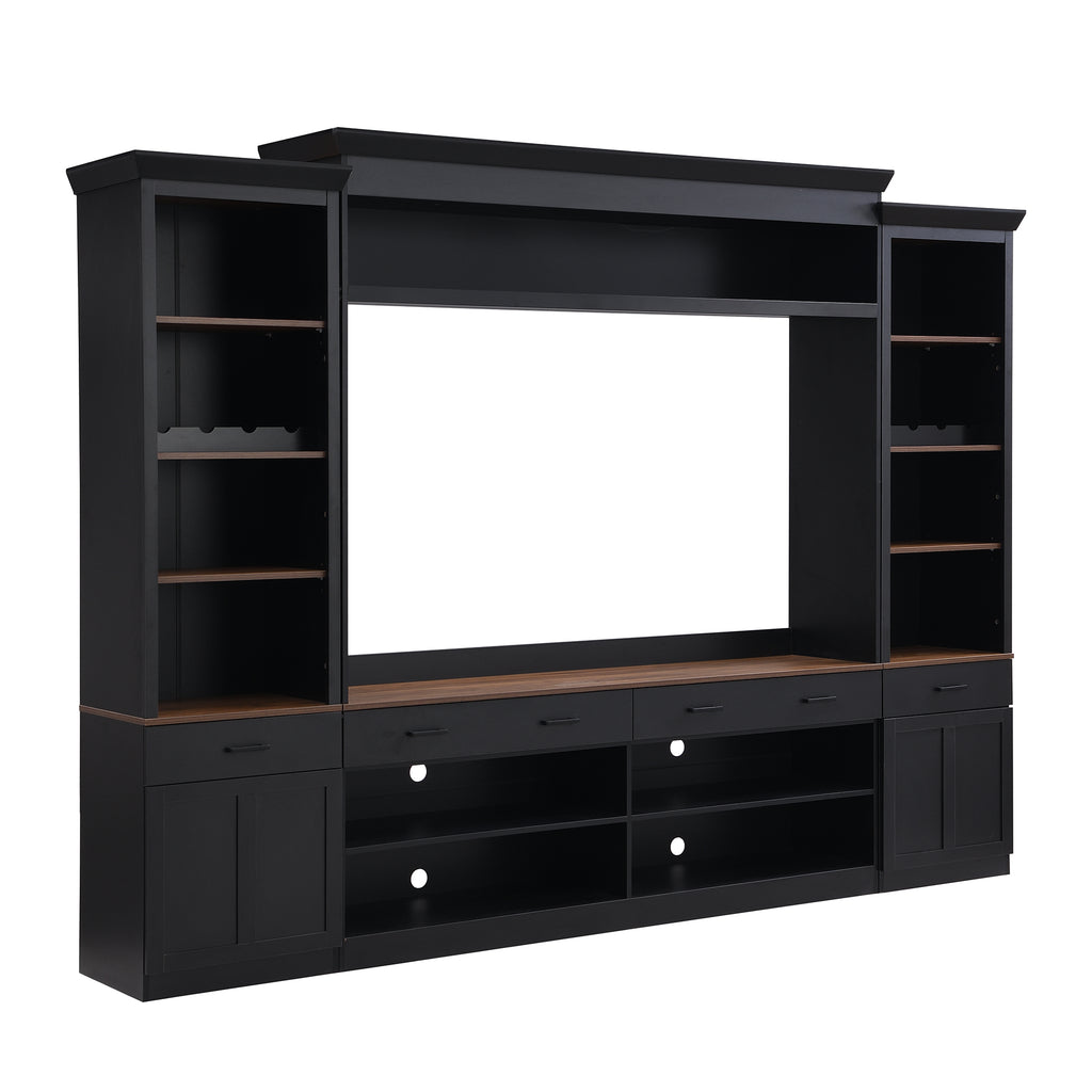 Farmhouse Entertainment Wall Unit with Bookshelf for TVs Up to 70', Walnut TV Stand with Adjustable Shelves, Mid-Century Media Console with Wine Rack for Living Room, Black (NEW SKU: N721S000046B-2) - Grand Goldman Shop