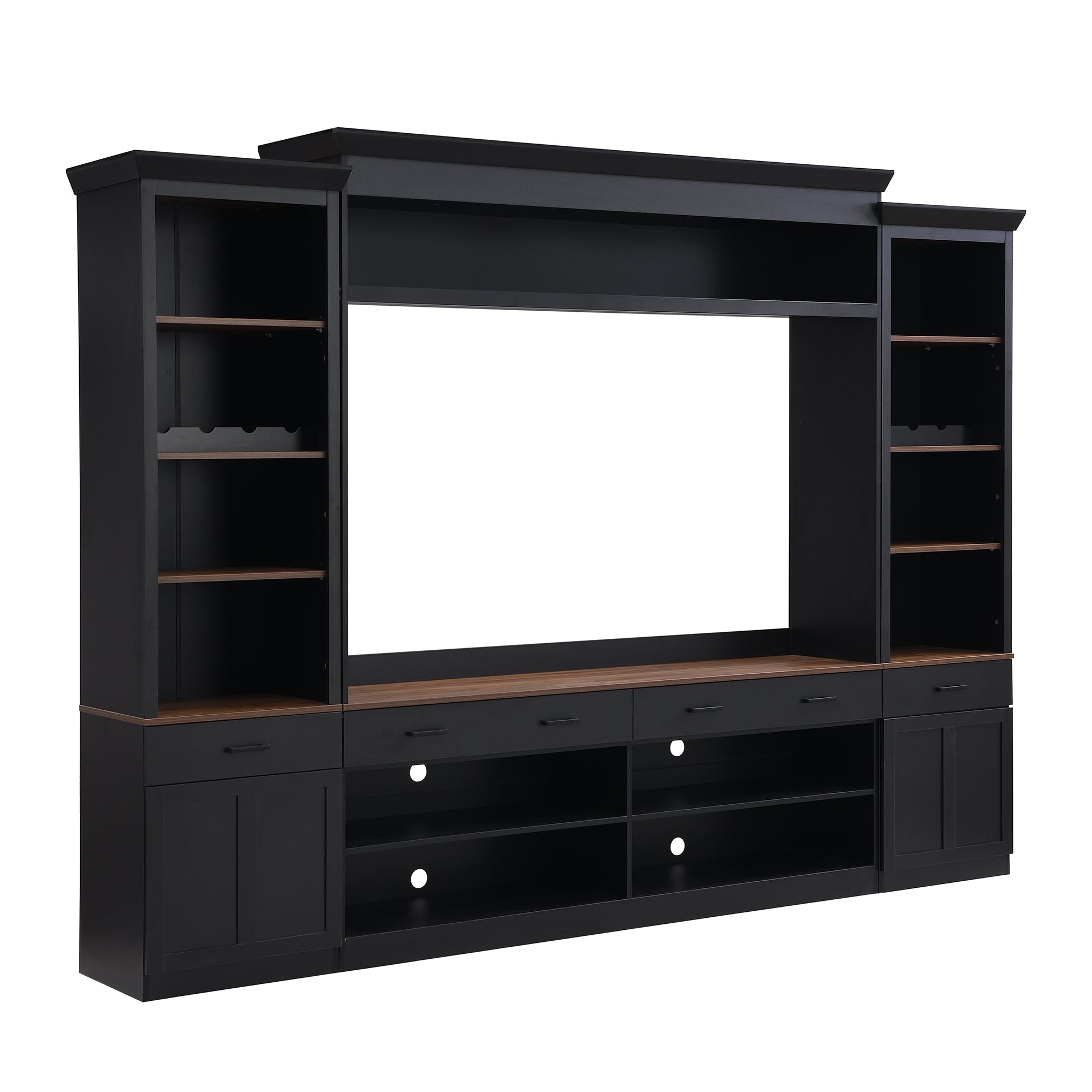 Farmhouse Entertainment Wall Unit with Bookshelf for TVs Up to 70', Walnut TV Stand with Adjustable Shelves, Mid-Century Media Console with Wine Rack for Living Room, Black (NEW SKU: N721S000046B-2) - Grand Goldman Shop