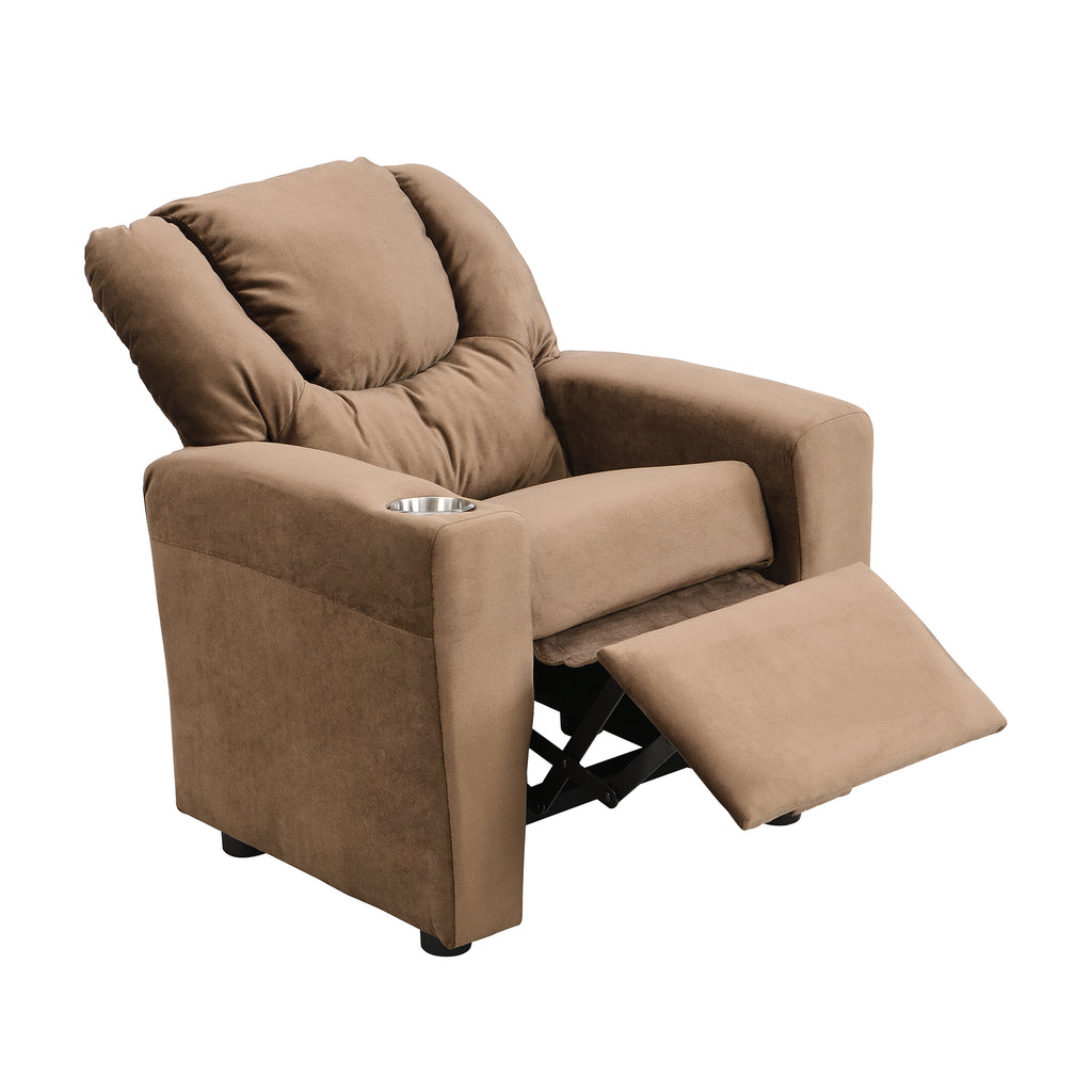 Sally Deluxe Kids Recliner Chair with Cup Holder and Footrest in Brown Velvet, 21.26 x 16.93 x 26.38 inches - Grand Goldman