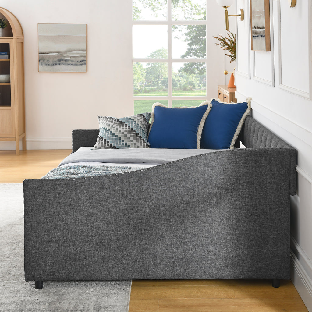 Mid-Century Style Upholstered Daybed with Drawers, Dark Grey Linen Fabric, Button Tufted Back, Copper Nail Trimmed Waved Arms, 80.5''x55.5''x27.5'' - Grand Goldman Shop