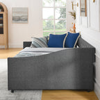 Mid-Century Style Upholstered Daybed with Drawers, Dark Grey Linen Fabric, Button Tufted Back, Copper Nail Trimmed Waved Arms, 80.5''x55.5''x27.5'' - Grand Goldman Shop