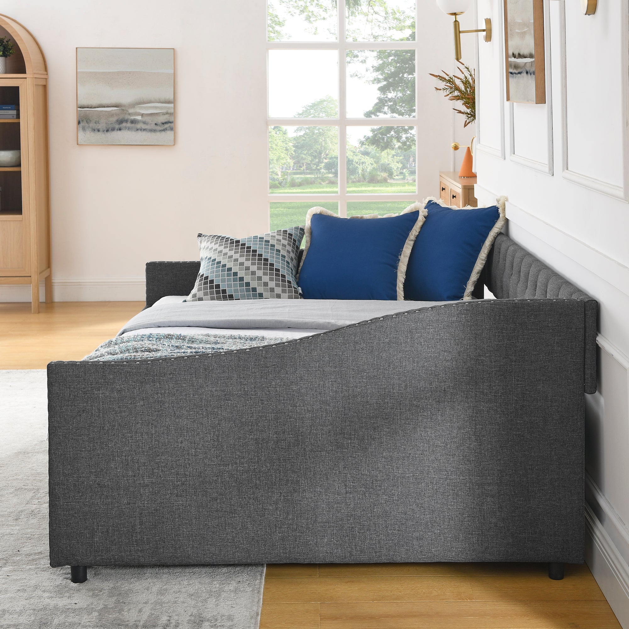 Mid-Century Style Upholstered Daybed with Drawers, Dark Grey Linen Fabric, Button Tufted Back, Copper Nail Trimmed Waved Arms, 80.5''x55.5''x27.5'' - Grand Goldman Shop