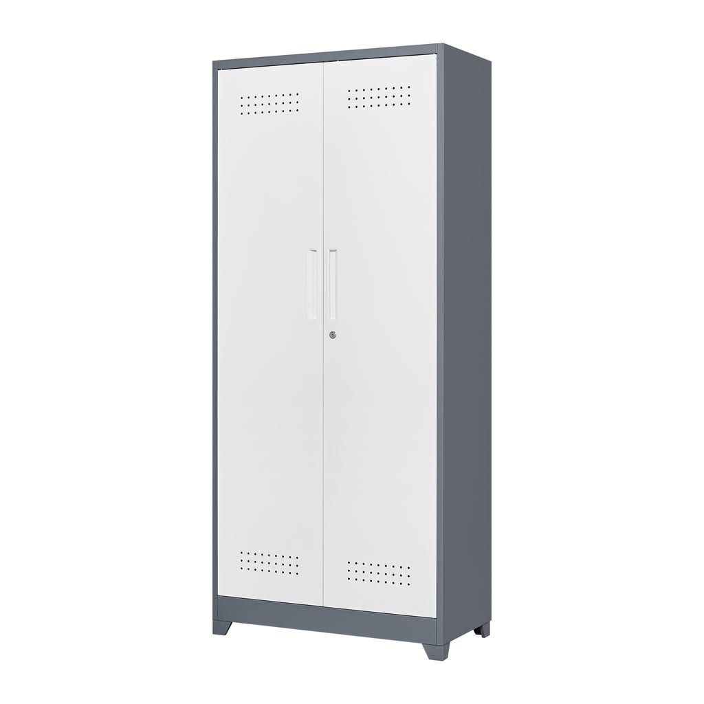 Gray Metal Lockers with Locking Doors, Adjustable Shelves, High Broom Tool Storage Cabinet, 72-Inch Kitchen, Office, Shop Org