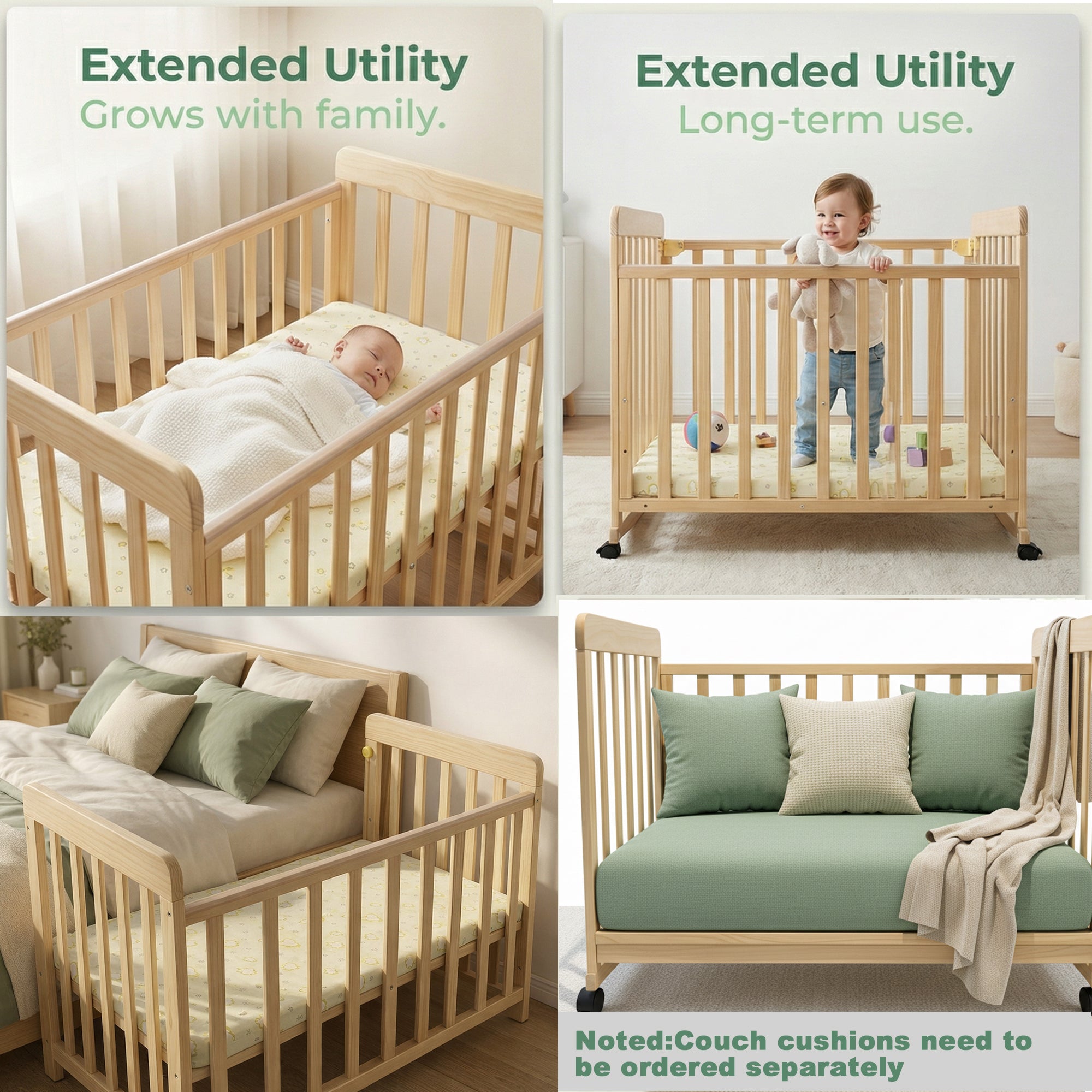 Portable Pine Wood Bedside Bassinet with 3 Heights, Natural Wood Mini Crib for Newborns 0-36 Months, Space-Saving Design | Pr