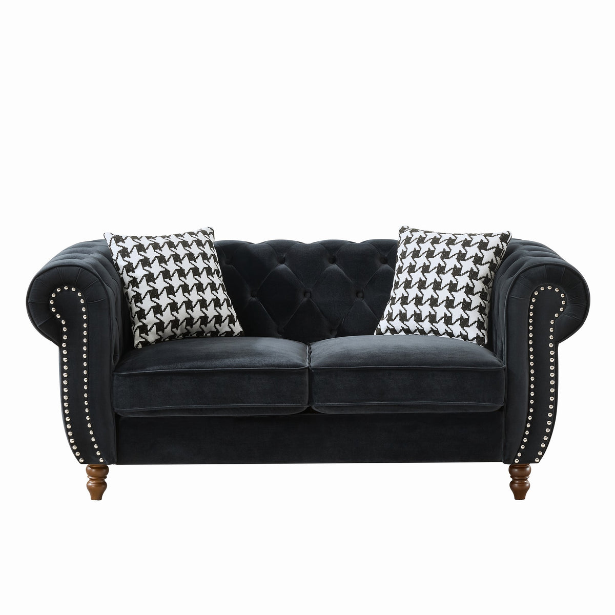 Mid Century Modern Chesterfield Velvet Sofa with Roll Armrest & Nailhead, Black, 67-Inch - Grand Goldman Shop