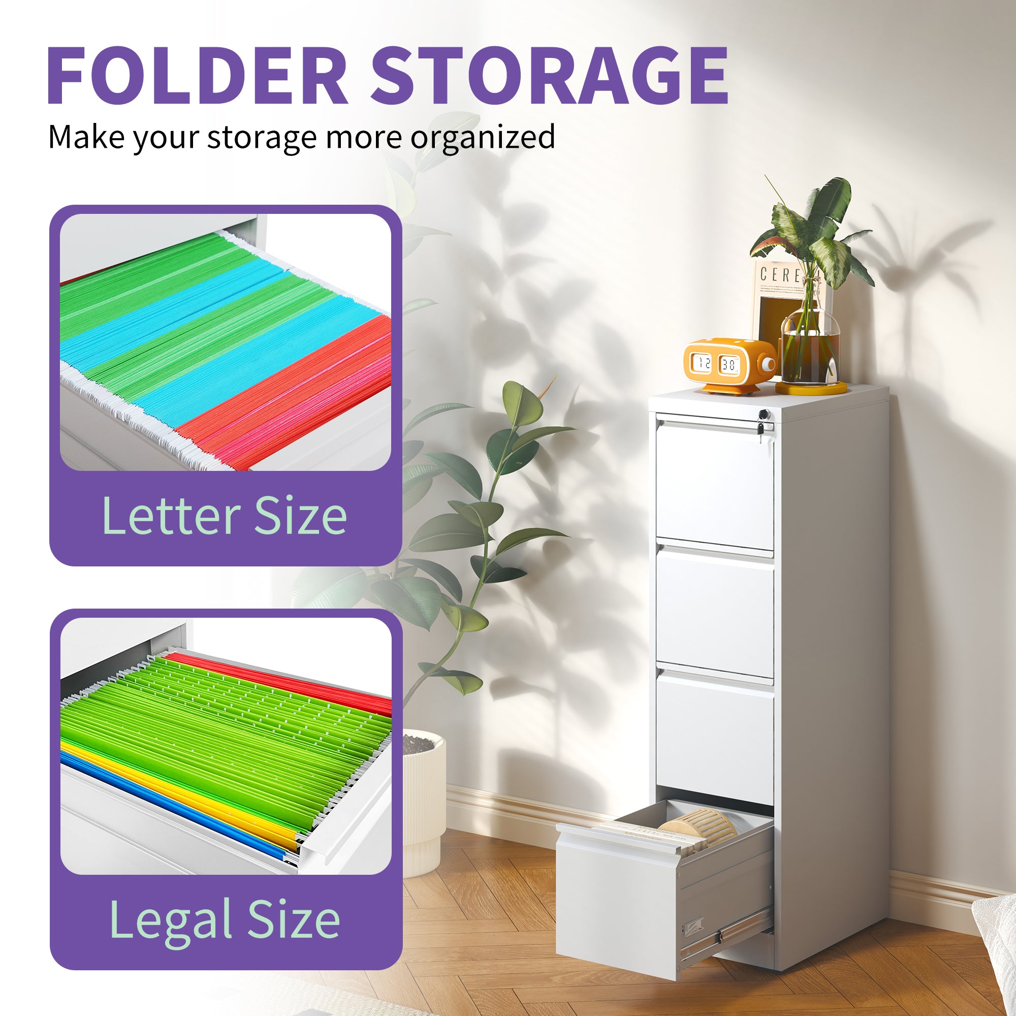 SteelCraft Pro 4 Drawer Vertical File Cabinet with Lock for A4 Legal/Letter Size, White Metal - Grand Goldman