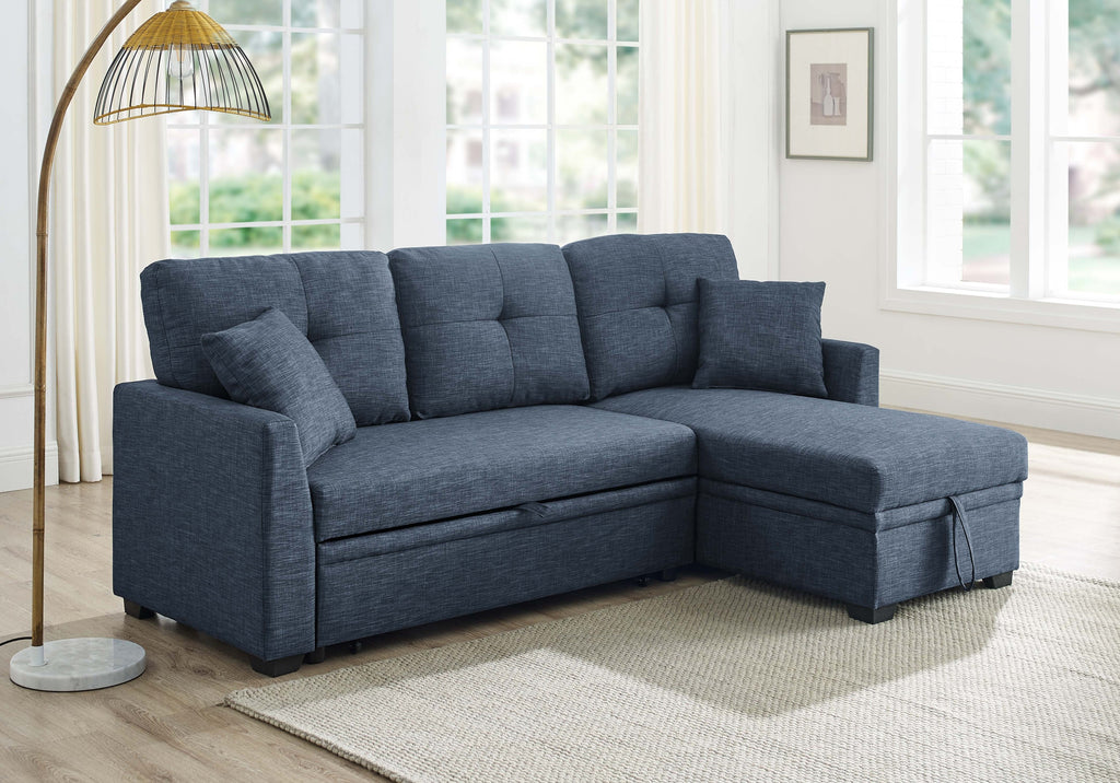 76.5' Linen Blend Upholstered Sectional with Pull-Out Bed and Chaise Storage - Grand Goldman Shop