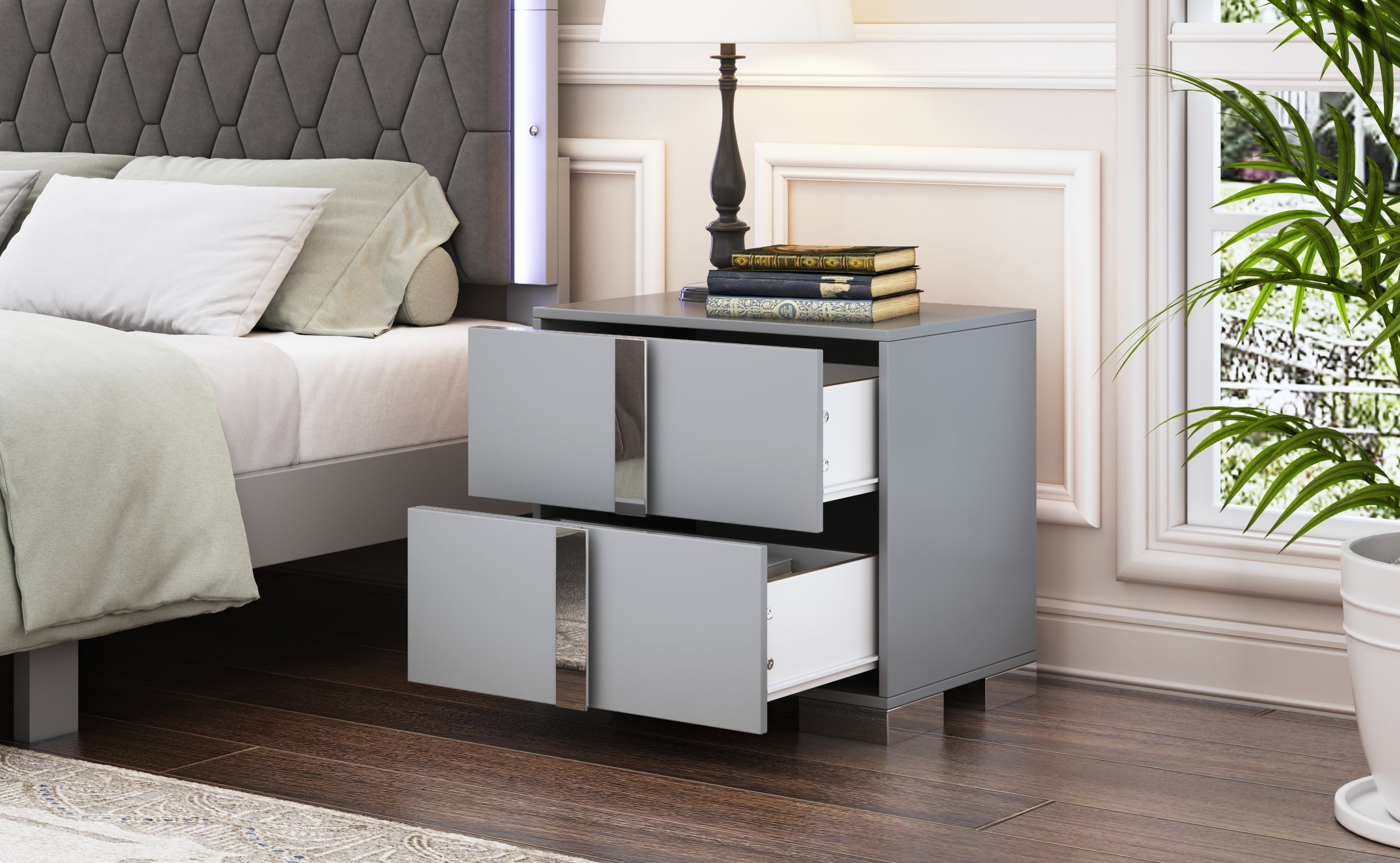 Elegant Nightstand with Metal Foot, Mirrored Bedside Table with 2 Drawers for Bedroom, Living Room, Gray (Old SKU: WF319353AAE) - Grand Goldman Shop