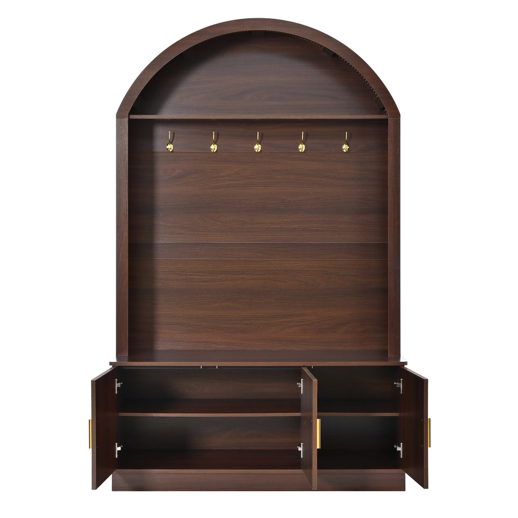 Farmhouse Fabric Arched Top Hall Tree with 5 Metal Hooks, All-in-One Mudroom Furniture with Adjustable Shelves, Mid-Century Fluted Door Entryway Bench with Wood Grain Finish for Hallway, Walnut - Grand Goldman Shop