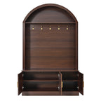 Farmhouse Fabric Arched Top Hall Tree with 5 Metal Hooks, All-in-One Mudroom Furniture with Adjustable Shelves, Mid-Century Fluted Door Entryway Bench with Wood Grain Finish for Hallway, Walnut - Grand Goldman Shop