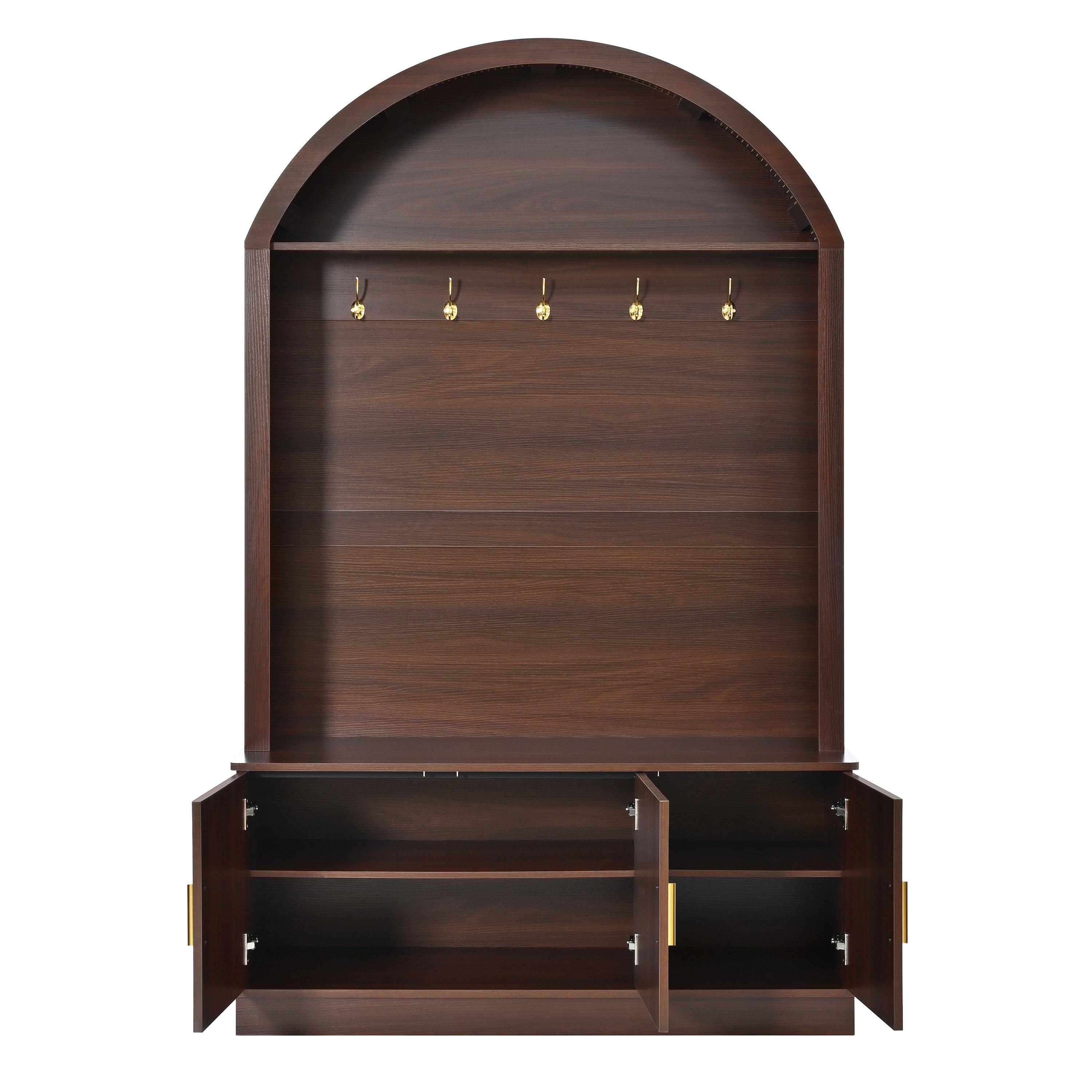Farmhouse Fabric Arched Top Hall Tree with 5 Metal Hooks, All-in-One Mudroom Furniture with Adjustable Shelves, Mid-Century Fluted Door Entryway Bench with Wood Grain Finish for Hallway, Walnut - Grand Goldman Shop