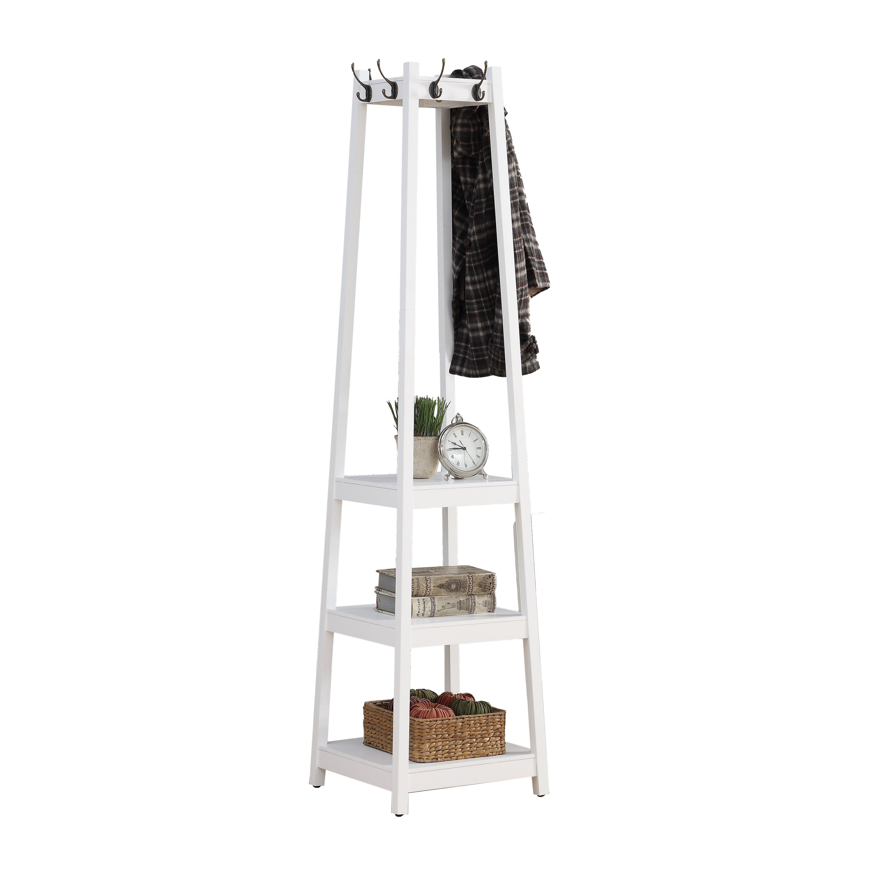 Vassen Coat Rack w/ 3-Tier Storage Shelves in White Finish - Grand Goldman Shop