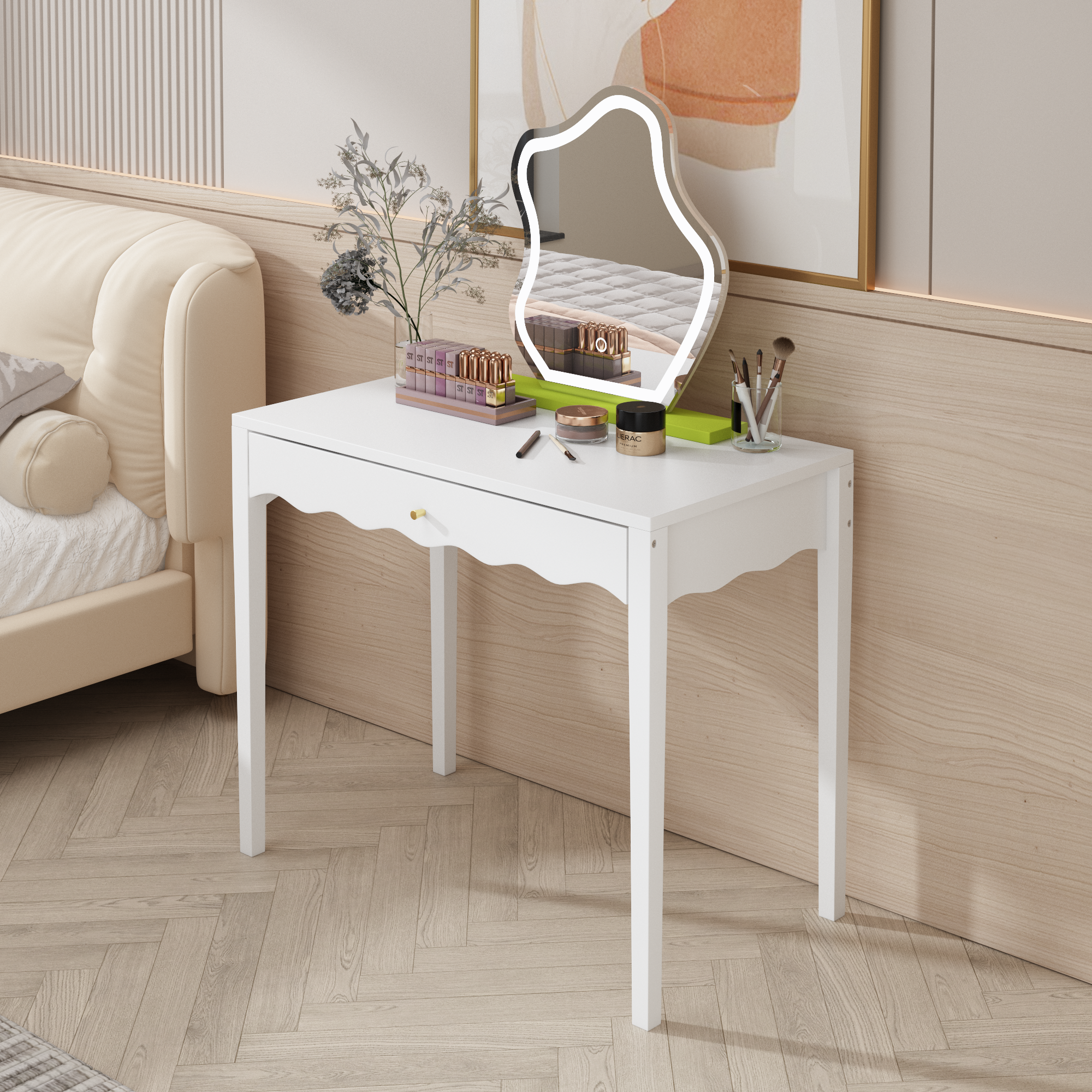 White 35.43' Vanity Desk with Drawer – Modern Makeup Table with Scalloped Front & Gold Knob, Compact Writing Desk with 4 Sturdy Legs for Bedroom, Small Home Office & Apartment Spaces - Grand Goldman Shop