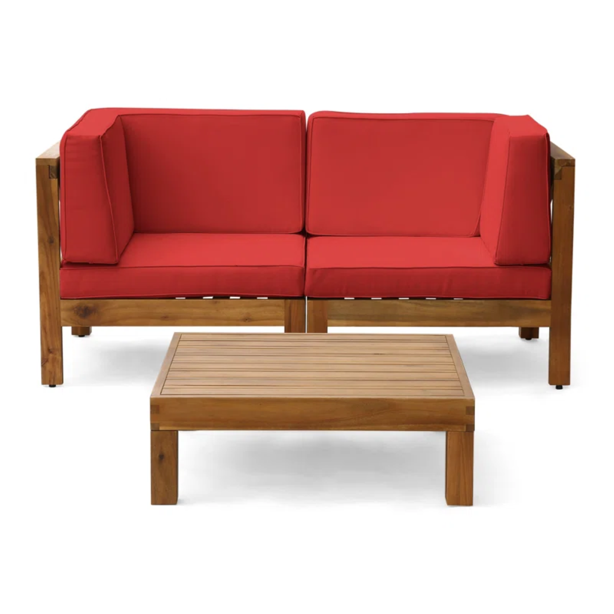 OANA 3-teiliges Liebessitz-Set mit Couchtisch, rotem Akazienholz und wasserabweisenden Kissen