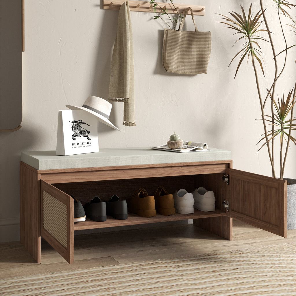 Mid-Century Modern PP Rattan Storage Bench with Cushion, Faux Rattan Shoe Cabinet with 2 Doors, Natural Finish, Wood and Rattan Construction, 39.4 x 15.75 x 17.72 inches - Grand Goldman Shop