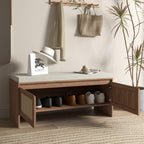 Mid-Century Modern PP Rattan Storage Bench with Cushion, Faux Rattan Shoe Cabinet with 2 Doors, Natural Finish, Wood and Rattan Construction, 39.4 x 15.75 x 17.72 inches - Grand Goldman Shop
