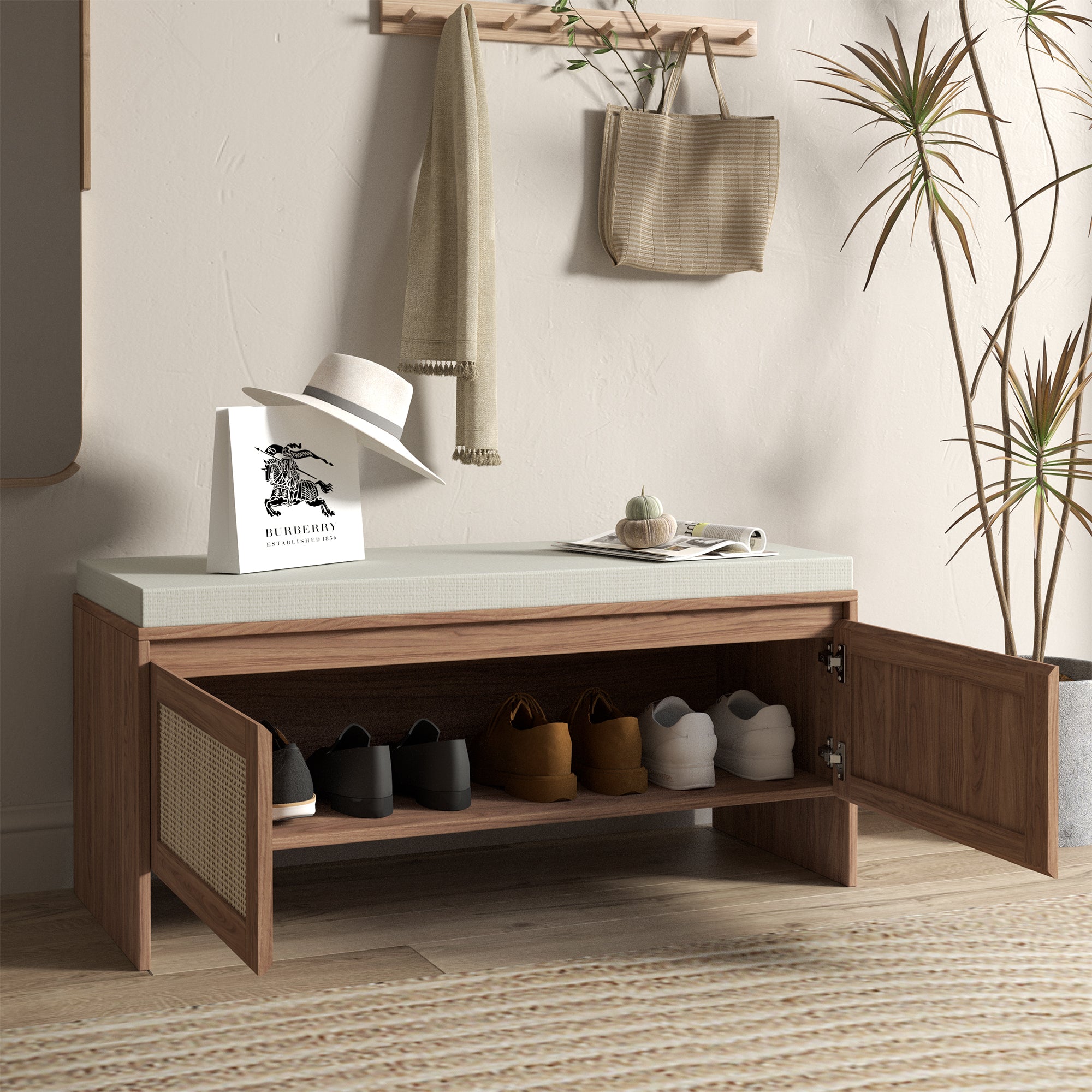 Mid-Century Modern PP Rattan Storage Bench with Cushion, Faux Rattan Shoe Cabinet with 2 Doors, Natural Finish, Wood and Rattan Construction, 39.4 x 15.75 x 17.72 inches - Grand Goldman Shop