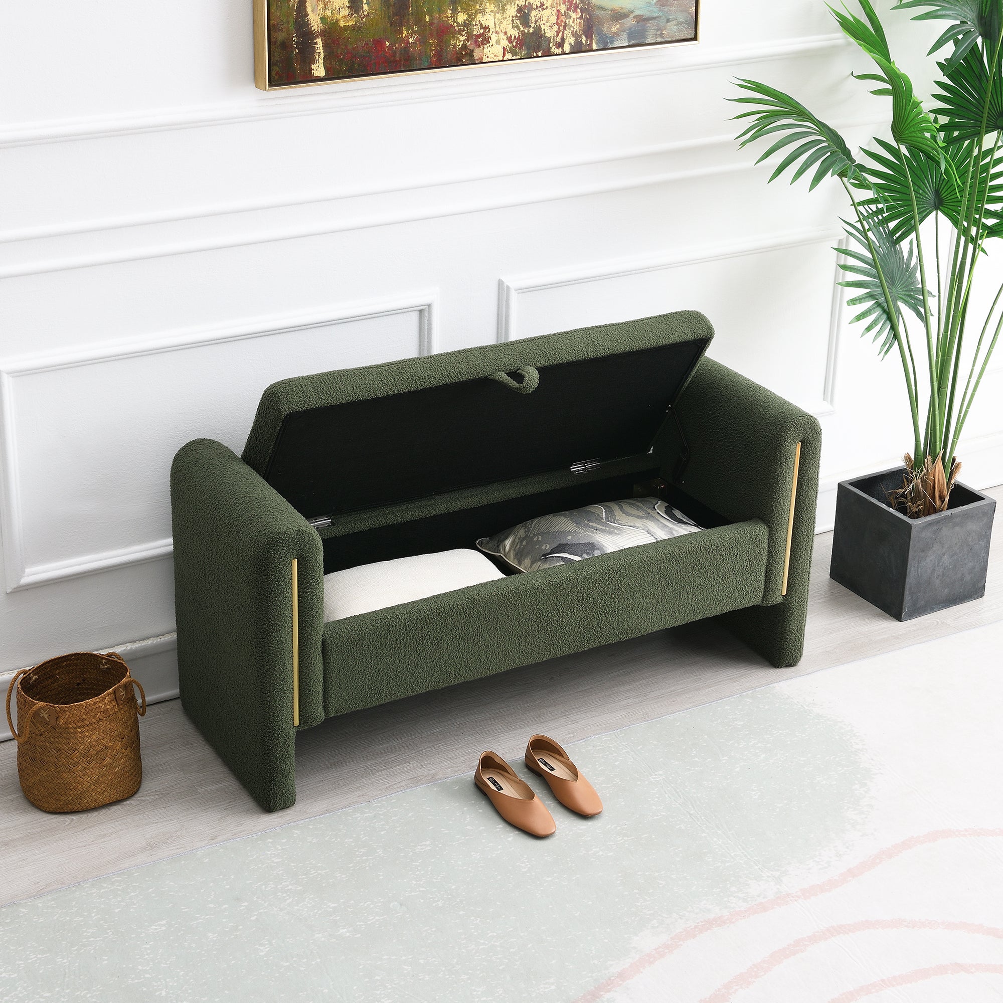 Modern Teddy Bed End Bench with Arms and Storage, Upholstered Foot Rest Stool in Olive Green, Plywood, 52.3'' - Grand Goldman Shop