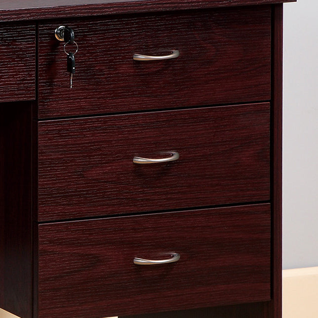 Three locking drawers on metal glides Student Desk Work Desk Modesty Panel Metal Bar Handles Mahogany color - Grand Goldman